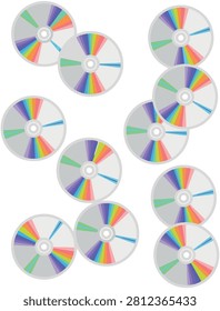 Seamless retro compact disc pattern vector illustration. Scattered silver CD or DVD media discs with colorful rainbow reflections on white background