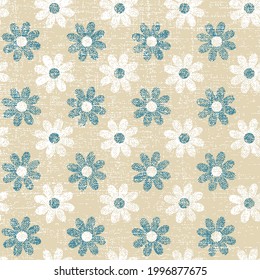 Seamless retro daisies floral pattern with beige background on white and turquoise flower,daisy flower field on beige background vector. Cute floral pattern.