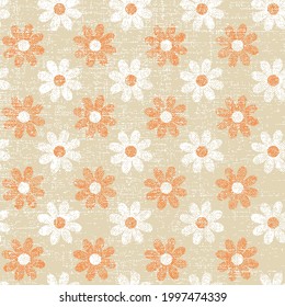 Retro sin foco daña el patrón floral con fondo beige sobre flor blanca y naranja, campo floral margarita sobre el vector de fondo beige. Patrón floral lindo.