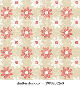 El retro sin foco daña el patrón floral con fondo beige sobre flor blanca y roja, campo floral de margarita sobre el vector de fondo beige. Patrón floral lindo.
