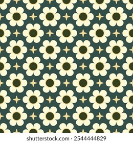 seamless retro daisy floral pattern green background. for prints, wrapping paper, wallpaper, textile, stationary, fabric