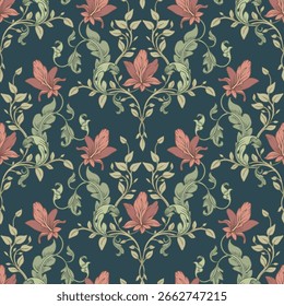 Seamless retro design with muted red flowers.
