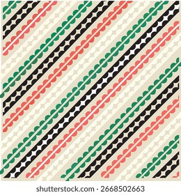 Seamless Retro Diagonal Striped Geometric Pattern with Red, Green, and Black Shapes on Cream Background for Fabric, Wallpaper, and Digital Design