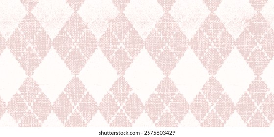 seamless retro distressed diamonds pale pink geometry background with argyle painted lines. fabric textile textur with brush strokes pattern for linen, fabric, wallpaper. trendy vector background