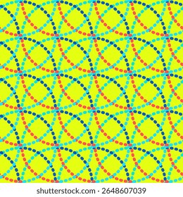 Seamless Retro Dotted Circle Design in Red, Blue, and Cyan. Vibrant Overlapping Arches with Dotted Lines. Repeating Geometric Dot Art with Curved Lines
