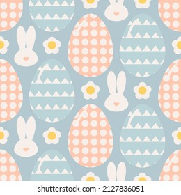 Seamless retro easter pattern with ornamental eggs and happy bunny, pastel color vector.