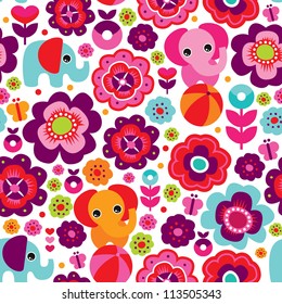 Seamless retro elephant, kids background pattern in vector