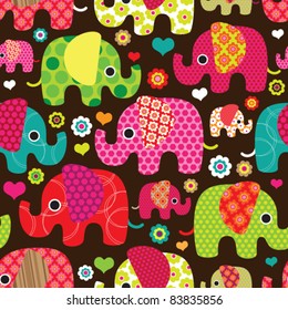 Seamless retro elephant kids pattern wallpaper background in vector