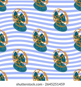 Seamless Retro Fan Summer Pattern. Seamless pattern with retro-style electric fans on blue and white wavy background. Flat cartoon design with orange grill and dark blue base, arranged diagonally.