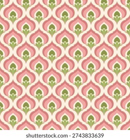 Seamless Retro Floral Ogee Pattern in Blush Pink and Olive Green – Vintage 70s Wallpaper Background
