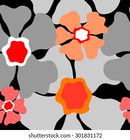 Seamless retro floral pattern. 1960s collection. Abstract vector background. Grey, red, pink on black. Backgrounds & textures shop.