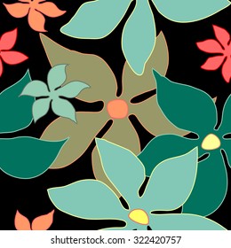 Seamless retro floral pattern. 1960s textile design collection. Grey, green, pink on black. Backgrounds & textures shop.