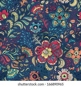 Seamless retro floral pattern with abstract flowers. Vector colorful background.