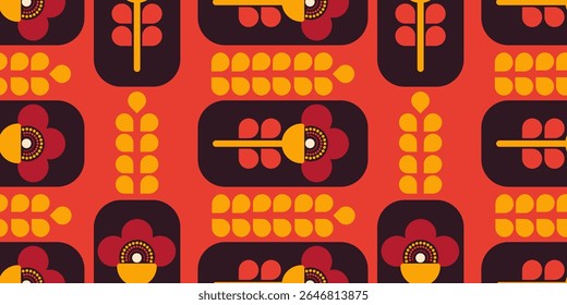 Seamless retro floral pattern with abstract geometric flowers on red background. Seamless vector texture in scandinavian style.