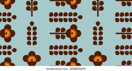 Padrão floral retro contínuo com flores geométricas abstratas sobre fundo azul. Textura de vetor sem costura em estilo escandinavo.