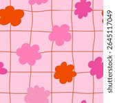 Seamless retro floral pattern with bold orange daisy-like flowers on a vibrant wavy pink background. Groovy and playful 70s-style vector design, perfect for textile, wallpaper, packaging, and digital 