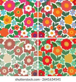 Seamless retro floral pattern in a bold 1960s,70s 'flower power' style. Dense, stylized flowers in vibrant orange, pink, red and blue. Cheerful, groovy design for fabric and home decor