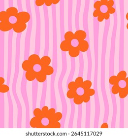 Padrão floral retrô sem costura com flores cor de laranja arrojadas, em um fundo rosa ondulado vibrante. Groovy e divertido design vetorial estilo 70s, perfeito para têxtil, papel de parede, embalagem e digital 