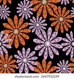 Seamless retro floral pattern with bold orange and lavender stylized flowers on a black background. A groovy, 60s or 70s inspired graphic illustration with a vibrant, psychedelic 'flower power' feel.