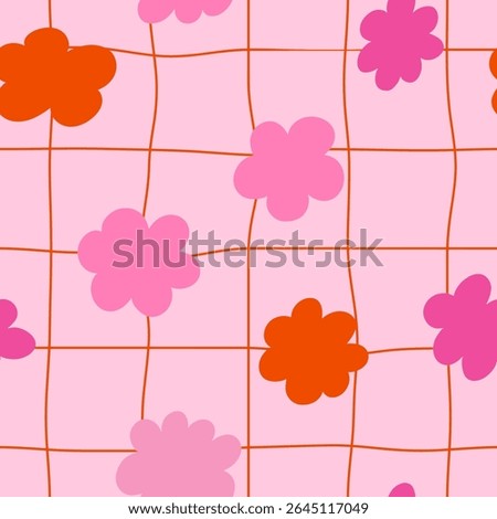 Seamless retro floral pattern with bold orange daisy-like flowers on a vibrant wavy pink background. Groovy and playful 70s-style vector design, perfect for textile, wallpaper, packaging, and digital 