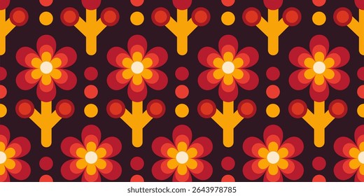 Seamless retro floral pattern with bright orange, red and yellow tones. Floral pattern with foliage. Seamless vector texture in scandinavian style.