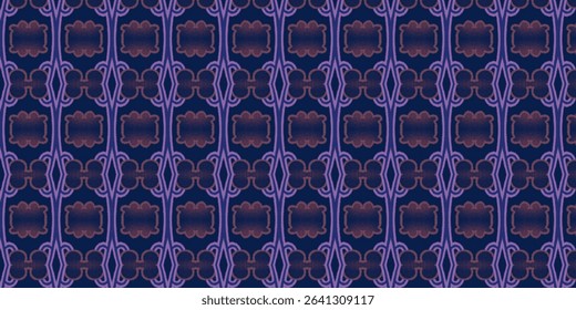 Seamless retro floral pattern in deep purple and navy, perfect for elegant vintage backgrounds and textile designs. Ideal for prints, wallpapers, and creative projects.
