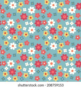 Seamless retro floral pattern with different colored daisies