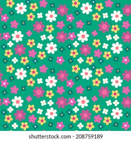 Seamless retro floral pattern with different colored daisies