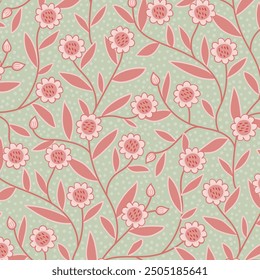 Seamless retro floral pattern featuring hand-drawn daisies and leaves with a folk art influence. Print for textiles, wallpapers, and nature-inspired designs