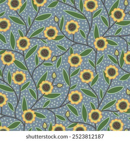 Seamless retro floral pattern featuring yellow hand-drawn daisies and green leaves on gray background. Print for textiles, wallpapers, and packaging.