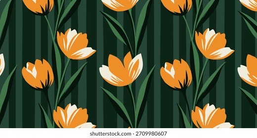Modelo floral retro inconsútil que presenta los tulipanes anaranjados vibrantes y las hojas verdes en un fondo rayado oscuro, perfecto para el textil, el Fondo de pantalla, o los proyectos de diseño decorativos