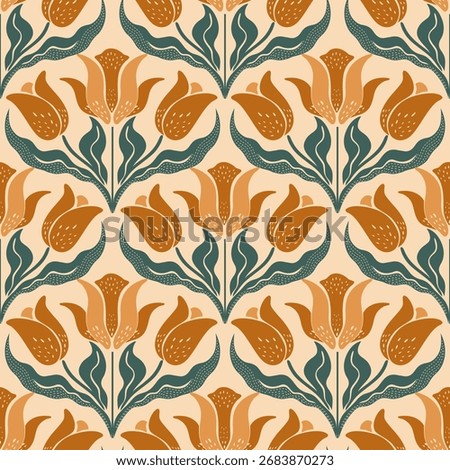 Seamless retro floral pattern featuring orange tulip flowers with dark green leaves on beige background.