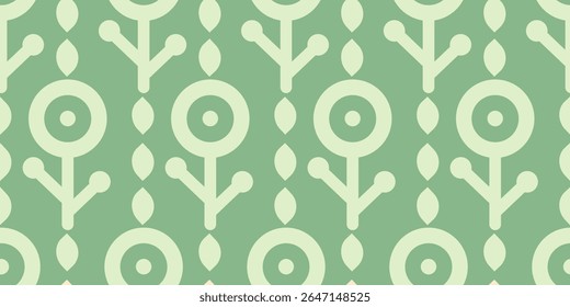 Seamless retro floral pattern with geometric soft green flowers on green background. Seamless vector texture in scandinavian style.