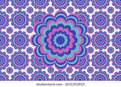 Seamless retro floral pattern with layered scallop petals in vibrant pink, purple, and blue tones. Ideal for fabric, wallpaper, and surface design.