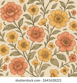 Seamless retro floral pattern with orange and yellow flowers and muted green leaves on a cream background. A warm, vintage-inspired design reminiscent of 70s wallpaper and textiles. Nostalgic and bold