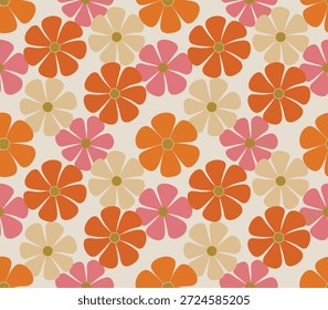 Seamless retro floral pattern with orange pink and beige flowers a cream background vintage
