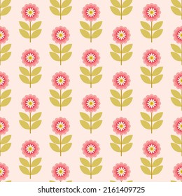 Seamless retro floral pattern with pink flower, green leaf on soft pink background. Vector illustration.