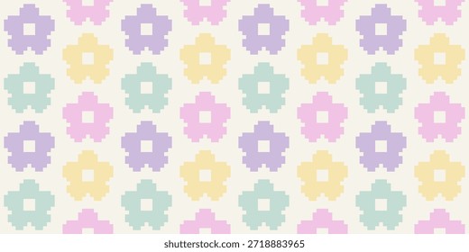 A seamless retro floral pattern with pixel-style flowers in soft pastel tones. Suitable for fabric prints, nursery decor, wallpaper, and cheerful background designs.