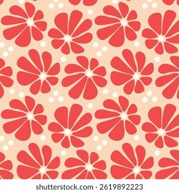 Seamless retro floral pattern in red and beige. Red flower pattern with white dots on a beige background in a seamless retro style, ideal for textiles, wallpapers, and digital design.  