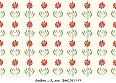 Seamless retro floral pattern with red flowers and green stems on cream background. Perfect for fabric, wallpapers, wrapping paper, vintage decor, and textile design projects.