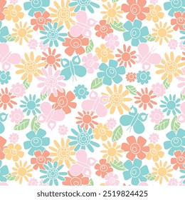 Seamless retro floral pattern. Repeating vector print with a simple yellow, orange, pink and blue flowers, butterflies on a white background. Apparel textile pattern. Hand drawn illustration.