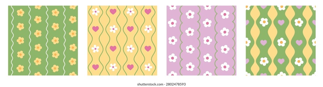 Seamless retro floral pattern set. Colorful doodle wiggle line ornament for wrapping paper, fabric, cover. Vector illustration