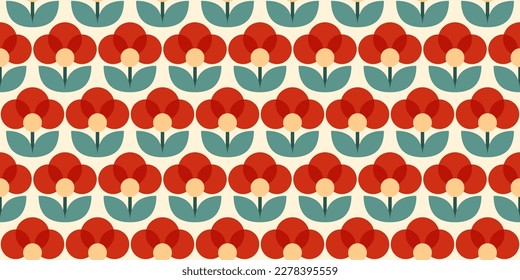 Seamless retro floral pattern. Vintage stylized flowers background in 60s, 70s, 80s style. Nostalgic repeating wallpaper. Fabric and textile design. Vector texture and illustration