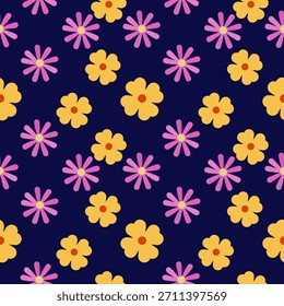 Nahtloses Retro-Blumenmuster mit gelben und rosafarbenen Blumen auf dunkelblauem Hintergrund