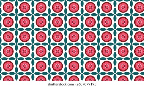 Seamless Retro Floral Tile Pattern with Red and Pink Flowers, Green Leaves, and Geometric Elements – Vintage Decorative Background for Textile, Wallpaper, Interior Design, and Fabric Printing