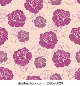 Seamless retro floral vector pattern with elegant pink and violet roses background. Beautiful abstract texture with rose flowers and vintage background