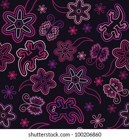 seamless retro flower butterfly lizard pattern