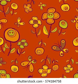Seamless Retro Flower and Butterfly Pattern / Orange background / Freehand drawing style / Pattern saved to pattern swatches 