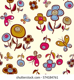 Seamless Retro Flower and Butterfly Pattern / Brown, Blue & Pink on Cream background/ Freehand drawing style / Pattern saved to pattern swatches 