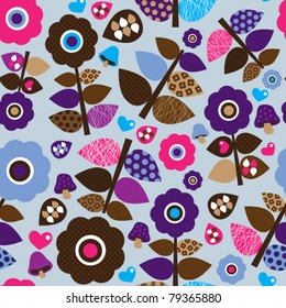 Seamless retro flower leaf illustration with mushroom pattern background in vector